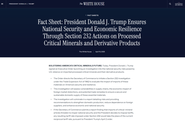 大福证券 为新关税铺路？特朗普下令对关键矿产进口启动232调查